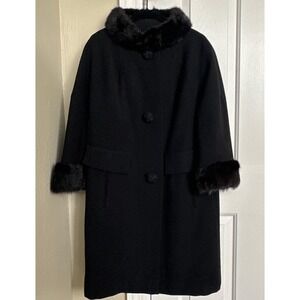 Vintage 1950s I.J. Fox Black Hockanum Wool Coat with Genuine Mink Fur Trim M